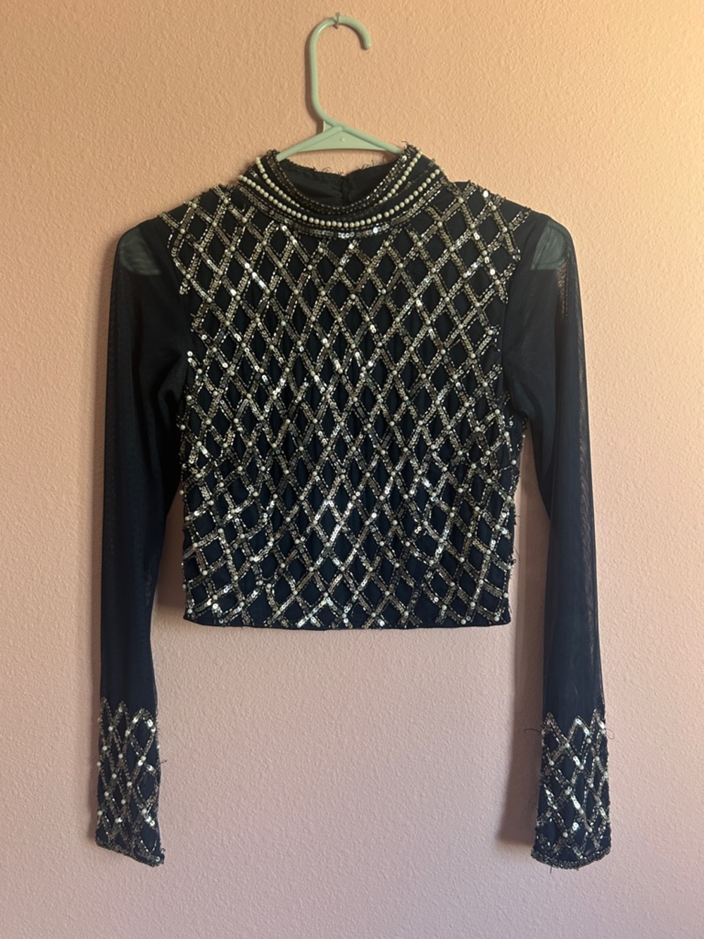 Embellished sequin and pearl, navy Long-Sleeve Mesh Top, slightly cropped